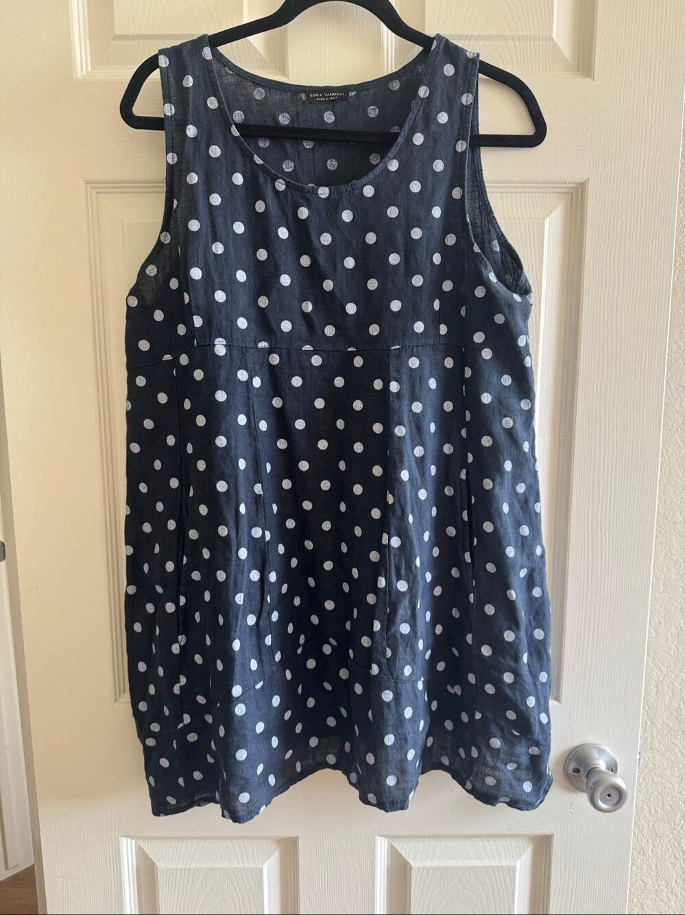 Luca Vanucci Navy White Polka Dot 100% Linen Dress Small Made in Italy